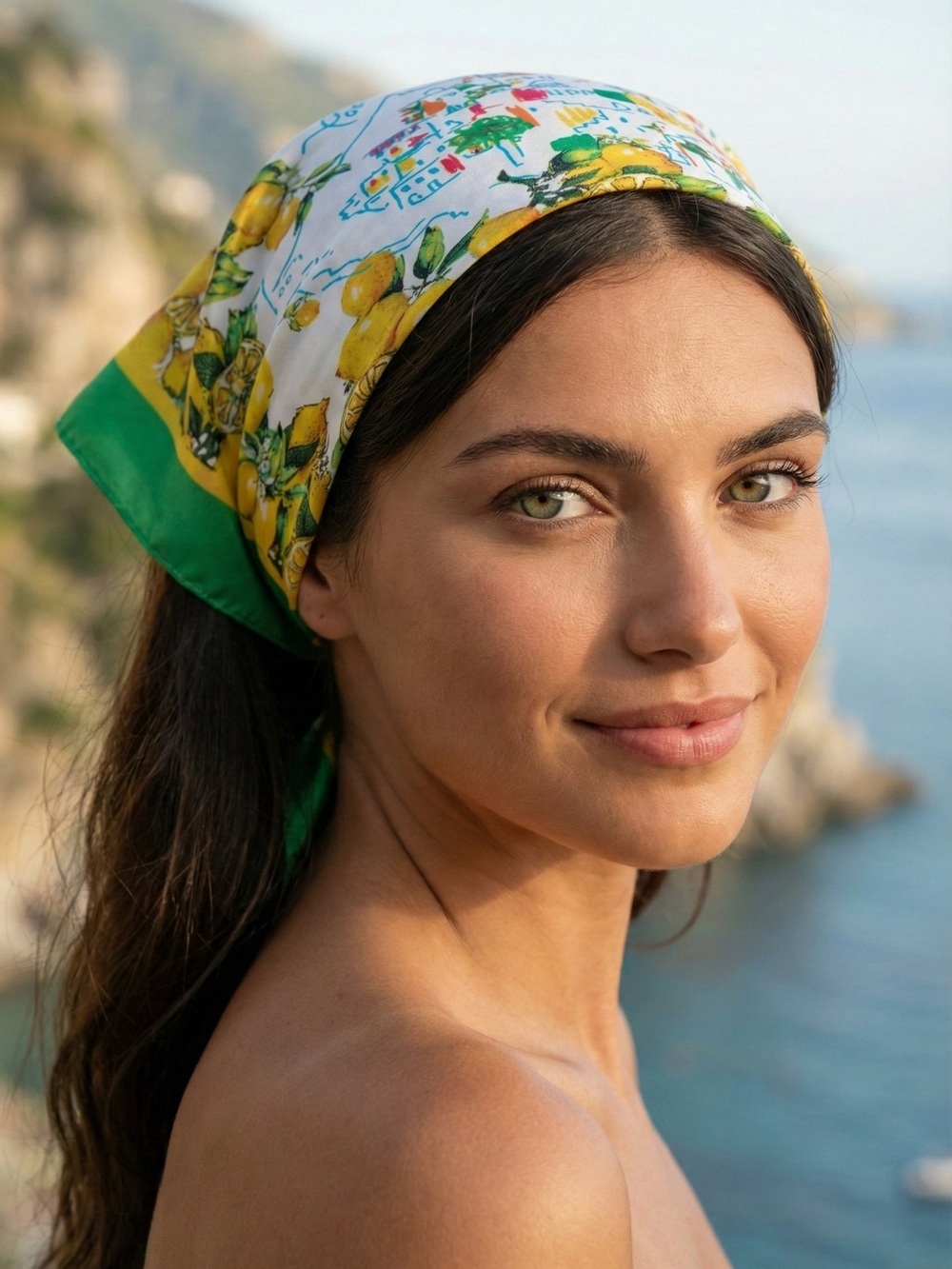 Antica Sartoria 2026 Positano Green and yellow Lemon Print Hair Scarf bandana